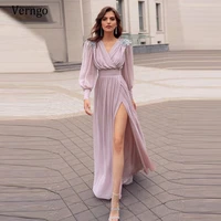 verngo lilac chifffon a line evening dress puff long sleeves v neck side slit formal prom gowns custom special occasion dress