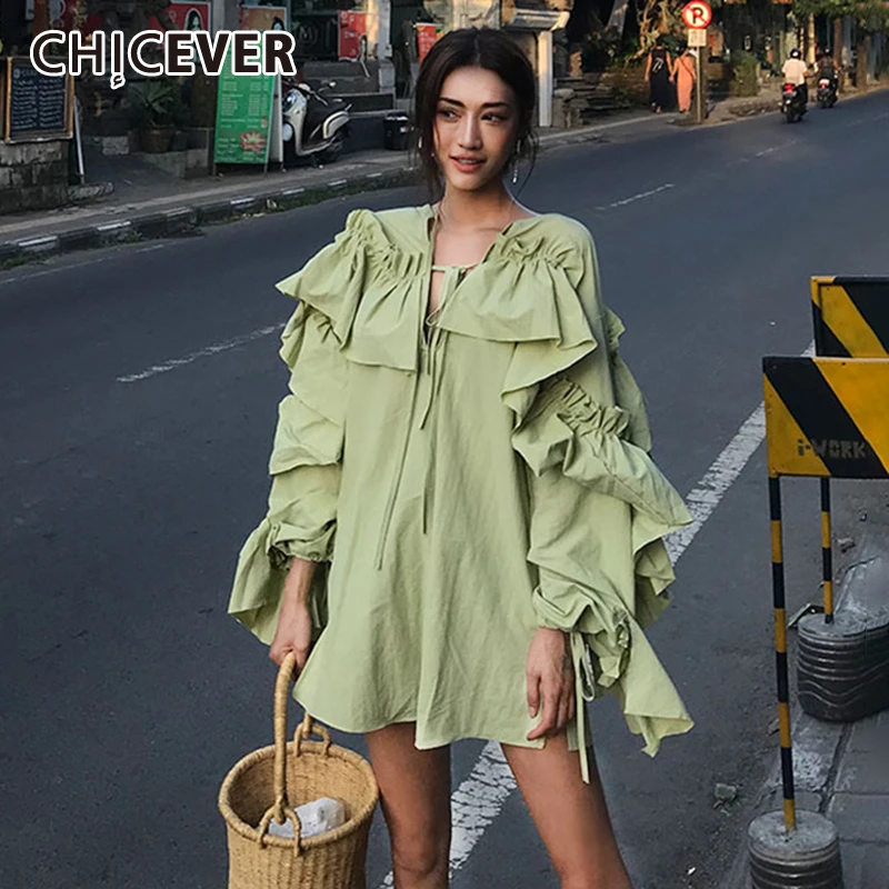 CHICEVER корейское платье с оборками для женщин v образный вырез накидка рукава