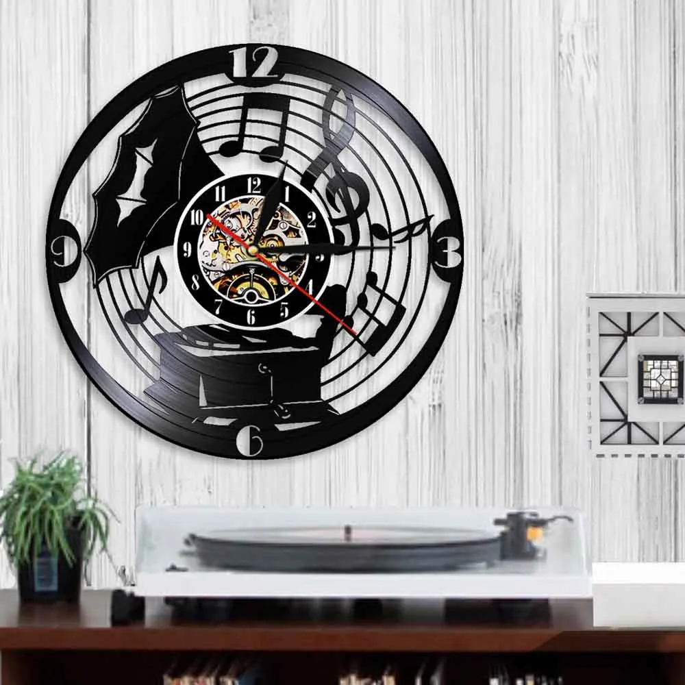 Классический граммофон Лист Музыка Примечание ретро настенные часы винтажный