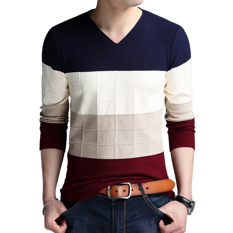 

Brand-sweater Autumn Men's Long Sleeve T-shirt New V-neck Slim Sweaters Knitted Striped Bottom Shirt Large Size M-4XL