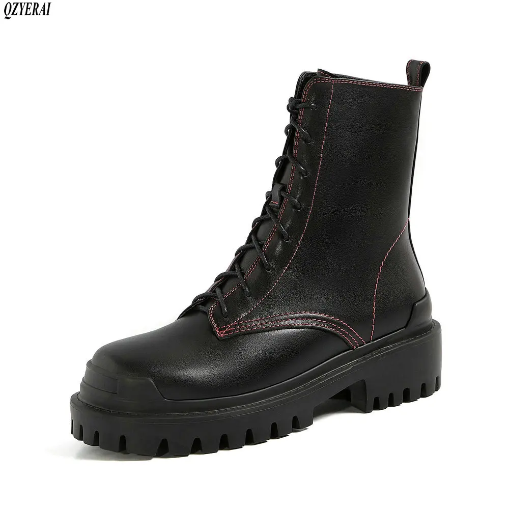 

2020 Boots Women Genuine Leather Shoes for Winter Boots Woman Casual Spring Military Motorcycle Botas Mujer Female Ankle Boots