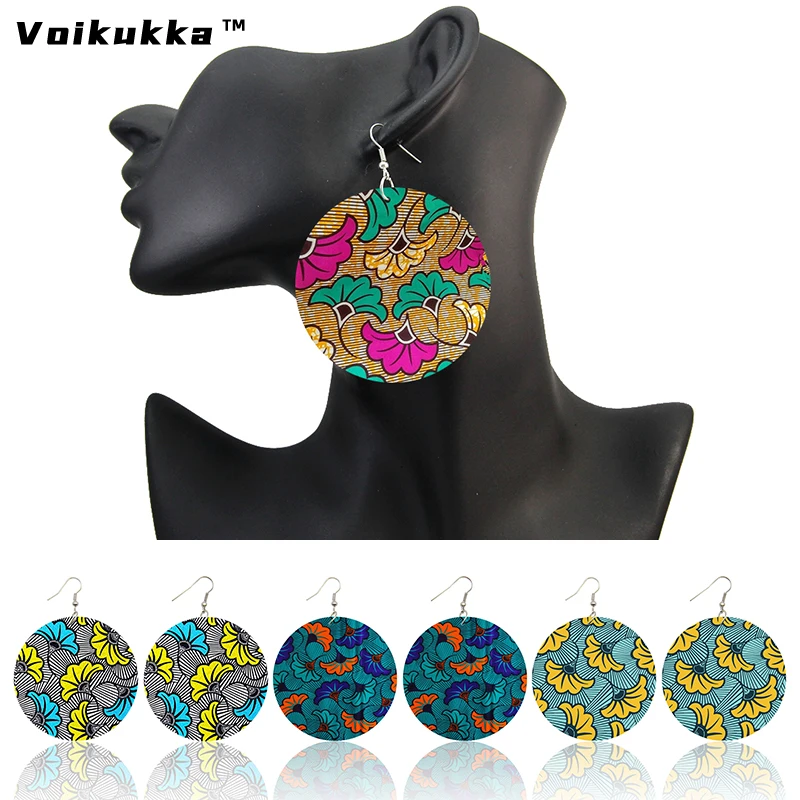 Voikukka Jewelry 6 CM Circle Bohemian African Fabric Pattern Wooden Double Both Sides Printing Drop Dangle Women Earrings