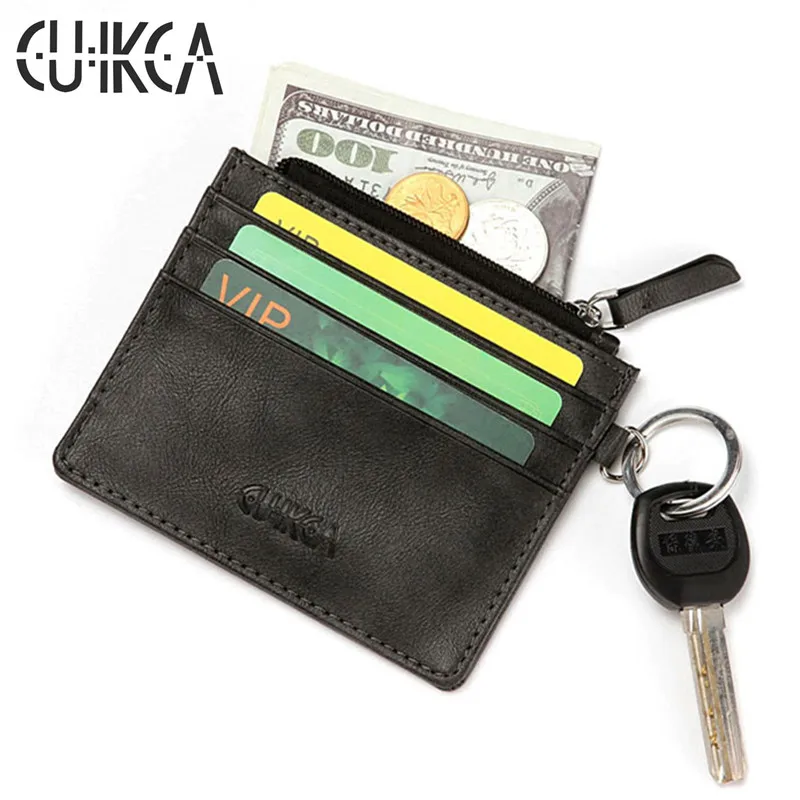 

CUIKCA New Unisex Women Men Wallet Slim Leather Wallet Zipper Coins Purse With Key Ring Credit Cards Holders ID Card Cases