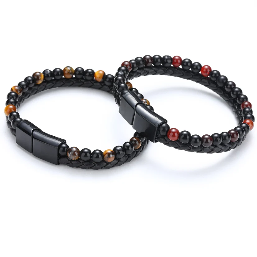 Fashion Men Jewelry Genuine Leather Bracelet Black Stainless Steel Magnetic Clasp Tiger eye Natural Stone Bead Bracelet Men