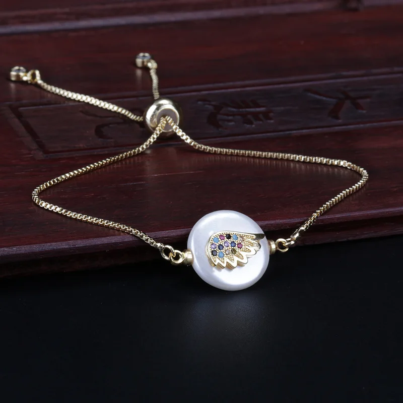 

5pcs/lot wing charm round coin pearl connector mix cz paved tiny charm gold dainty link bracelet for woman jewelry gift