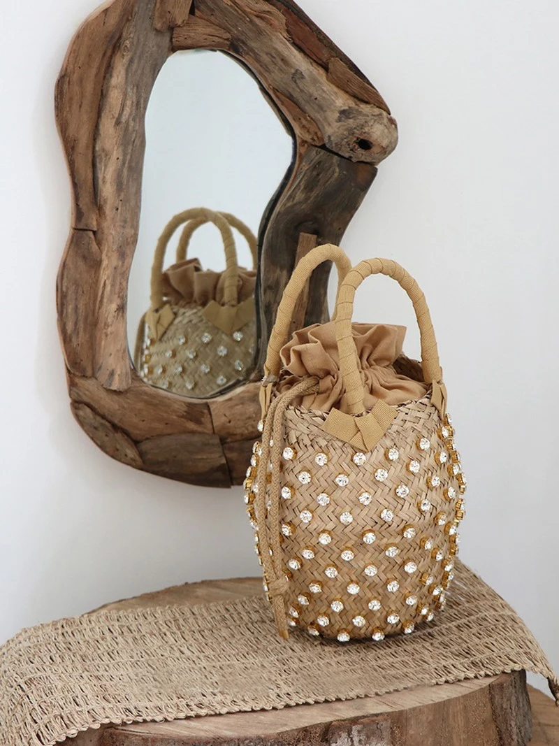 

New Ins Hand-woven Diamond Belt Shoulder Slung Pineapple Basket Portable Bucket Bag