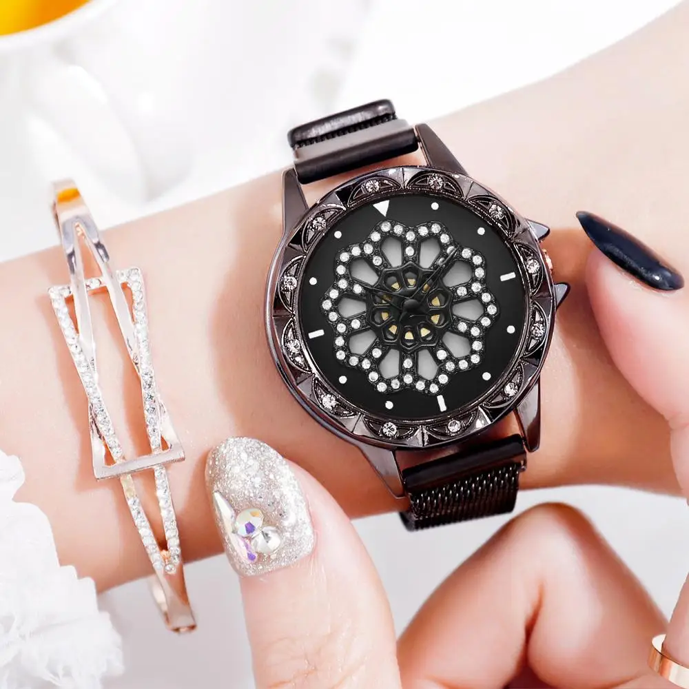 Montre avec cadran rotatif женские часы на удачу 2019 Роскошные вращающиеся алмазные с