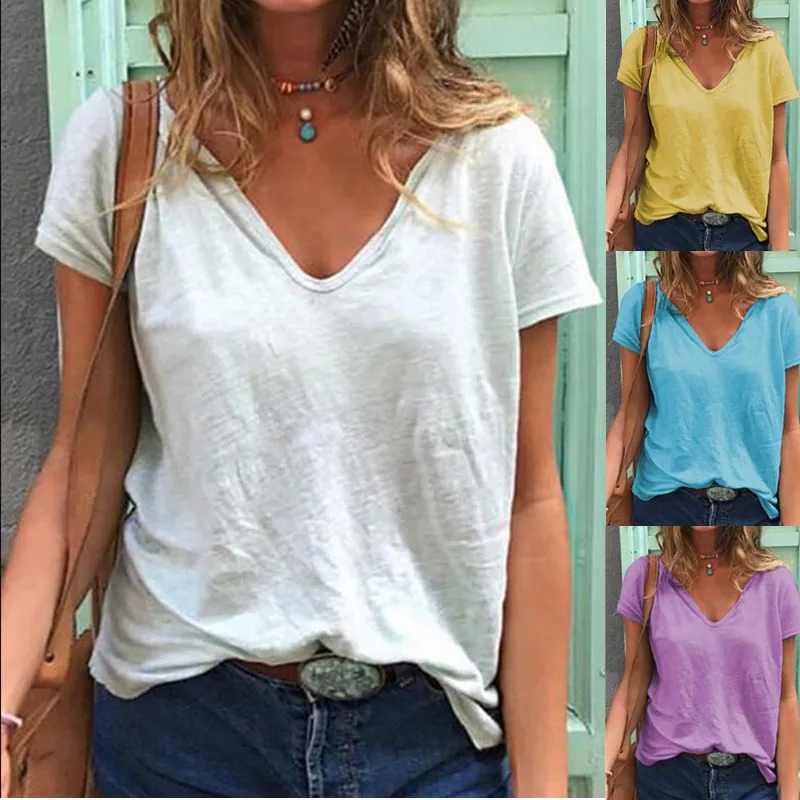 

Fashion Women's T-shirt Summer 2021 V-neck Short Sleeves Tops Tees Casual Oversize Female Clothes For Girls Plus Sizes 5XL