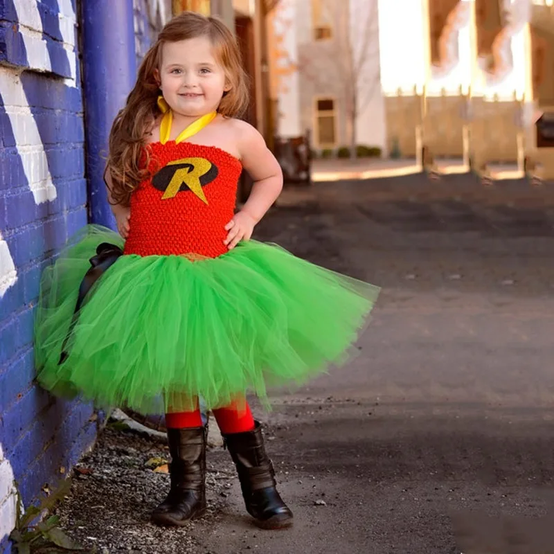 Для девочек супергерой Робин из вечерние Сетчатое платье детский костюм для