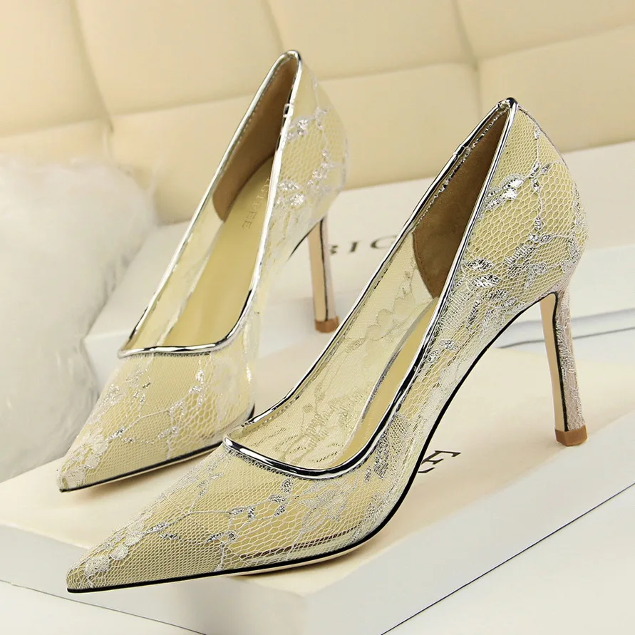

New Sexy Nightclubs Slim Hollow Mesh Lace High Heels Shoes Shallow Mouth Pointed High-heeled Shoes Womens Shoes Wedding Shoes