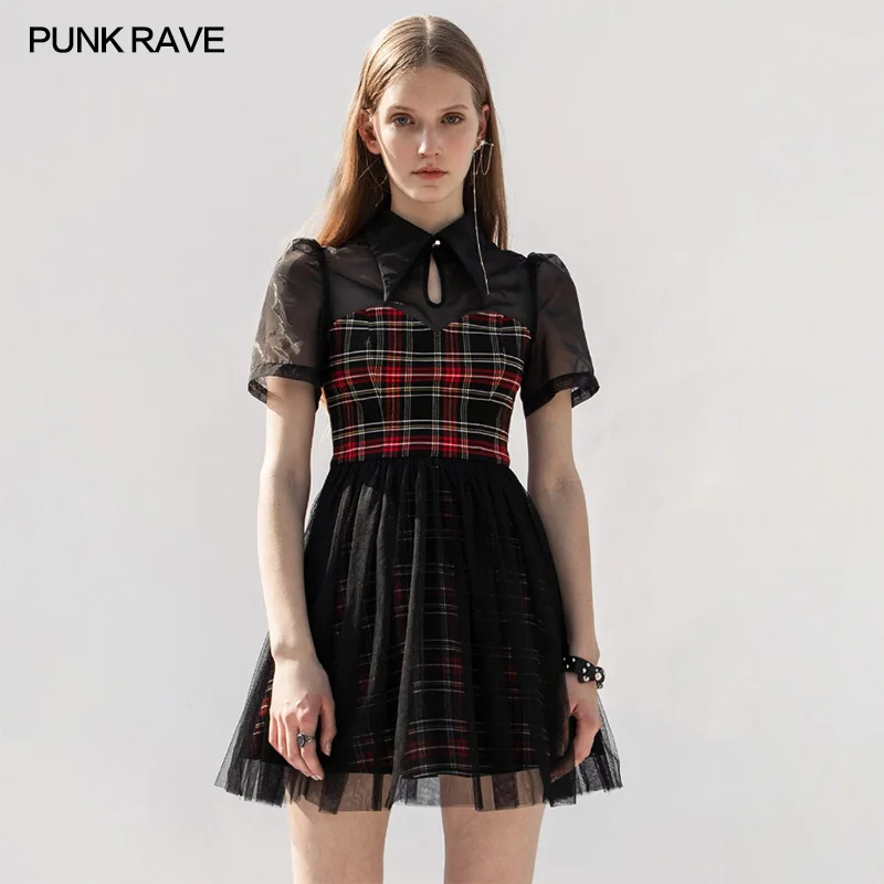 PUNK RAVE Women's Gothic Daily Lace Organza Spliced Plaid Short Sleeve Dress A-Line Sexy Perspective Casual Girl Short Dress