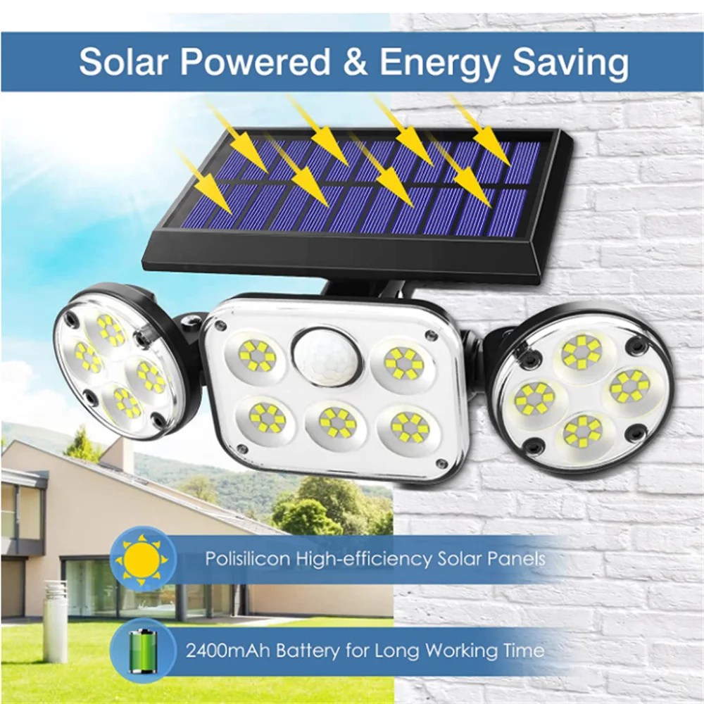 

3 Heads Solar Lights with Motion Sensor Outdoor 78 LED Waterproof Solar Flood Light 270°Wide Angle for Garage Yard Garden Porch