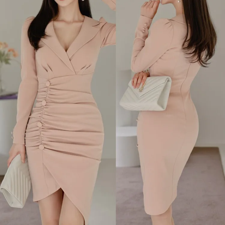 

2020 Winter New Socialite Elegant Slim Fit Mid-Length Suit Collar Pleating Sheath Dress