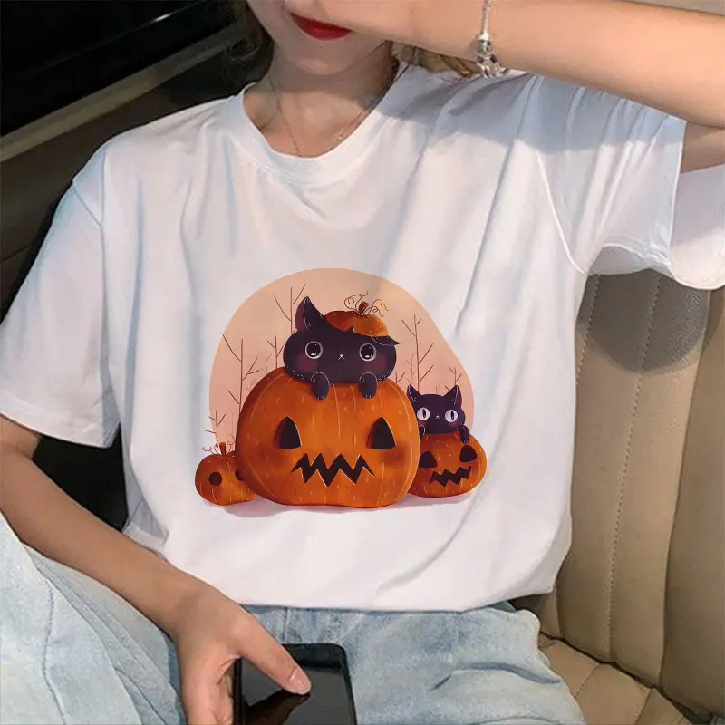 

2021 Funny T Shirt Happy Halloween Kawaii Print Female T-shirt Harajuku Women Tshirt Graphic Tees Aesthetic White Short Sleeve