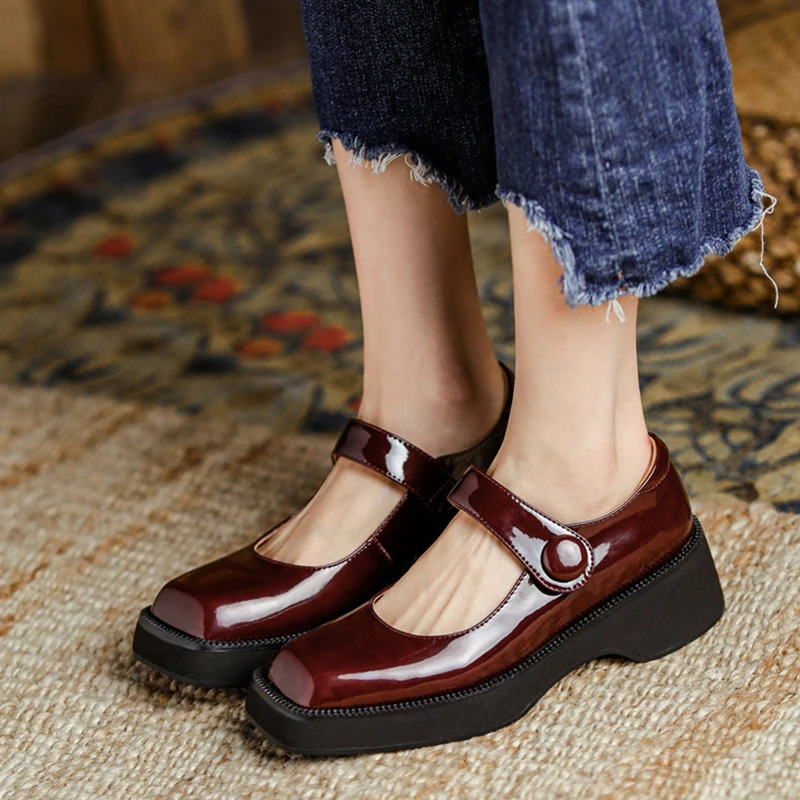

Square Toe Women's Pumps Genuine Leather Mary Jane Shoes for Women Thick Heels Spring Summer Office Lady Shoes Woman Pumps