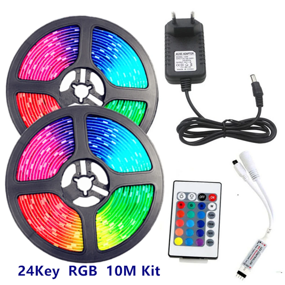 

5m 10m LED Strip RGB Light Tape SMD 2835 DC12V 60leds/m Non-waterproof diode Ribbon Flexible with IR remote+Adapter