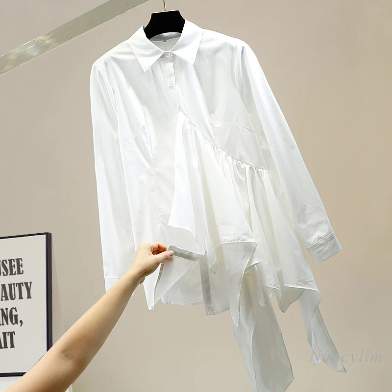 

Irregular Ruffled Blouse Woman Personality Single-Breasted Mid-Length Shirt Female Lady Streetwear Long Blusas Top