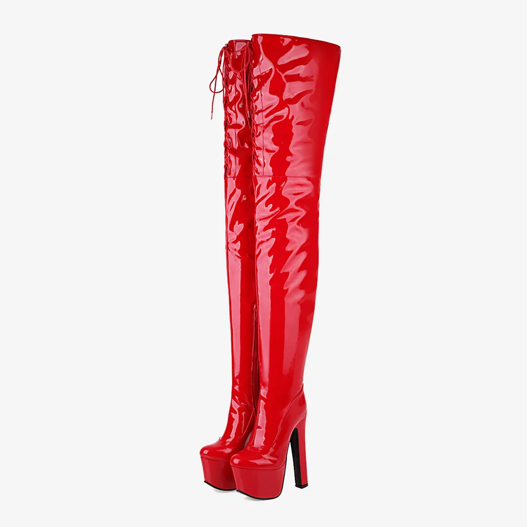 

Super long boots waterproof platform thick heel high heel boots waterproof platform silver red patent leather long boots thigh