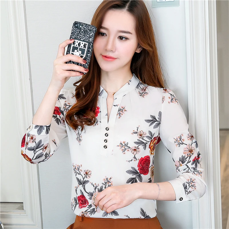 2019 Flower Print Blouse Women Long Sleeve Top Shirt Elegant Ladies Shirts Womens Tops And Blouses 8 S |