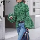 Осенние Рубашки, Женские винтажные Топы в горошек VONDA 2022, повседневные блузки с воротником-стойкой и пуговицами, свободные женские блузки вечерние