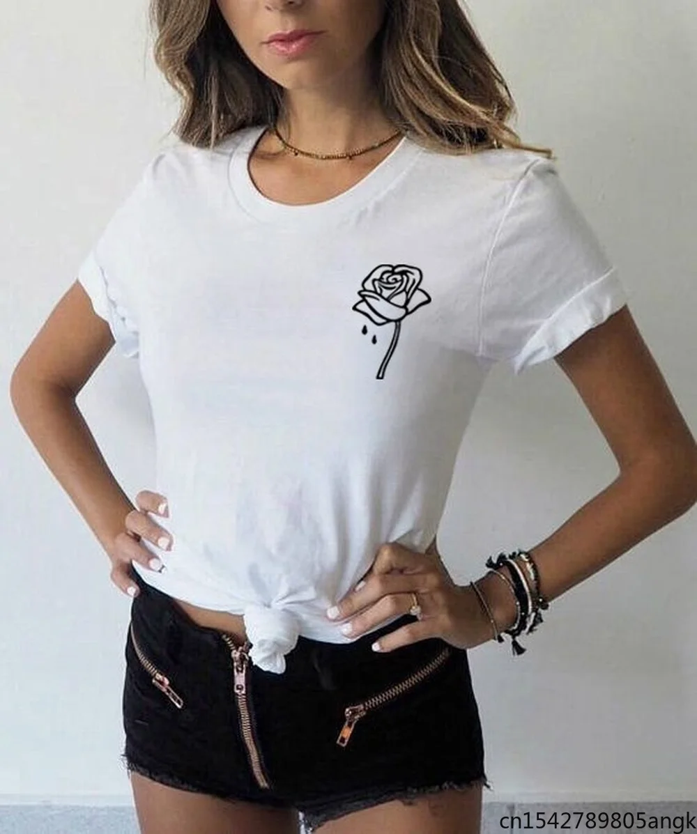 

Rose Flower Pocket Printed Femme Summer Short Sleeve O-neck T Shirts for Women Loose Black White