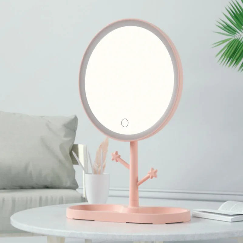 

Зеркало для макияжа со светодиодной подсветкой, настольная лампа для хранения косметики, круглое косметическое зеркало для туалетного сто...