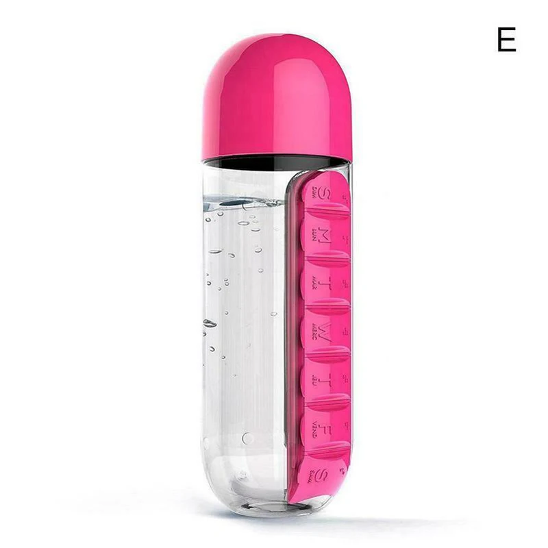 

2 in 1 600ml Water Bottle with Daily Pill Box Organizer Drinking Bottles Drink Bottle Days Drug Drinking Container 5Colors