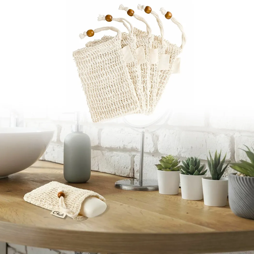 

5 Pack Soap Bags Drawstring Exfoliating Soap Holder Hollow-out Natural