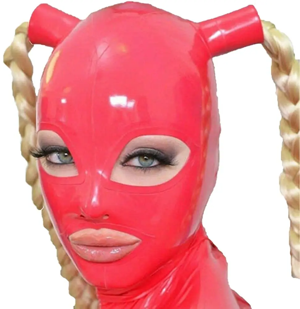 

Handmade Latex Hood with Blond Ponytail Wigs Pigtail Beautiful Girl Headgear Rubber Mask Halloween Costumes for Women