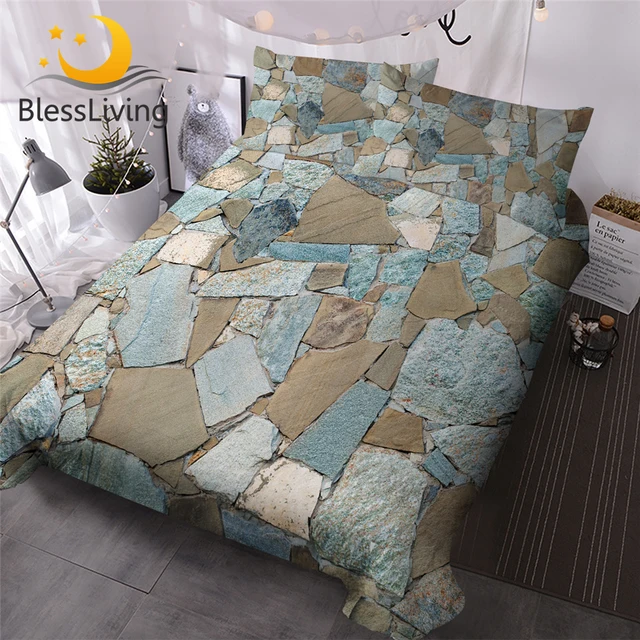 BlessLiving Modern Stone Bedding Set Masonry Wall Bedspreads Natural Inspired Duvet Cover Sets 3 Piece Vintage Bedding Coverlet 1