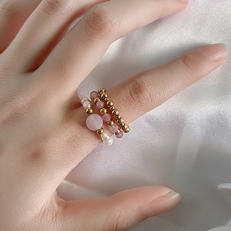 

Luxury Pink Tourmaline Beaded Rings for Wedding Handmade Jewelry Stainless Steel Freshwater Pearl Women Ring Stretchy Jewel;ry
