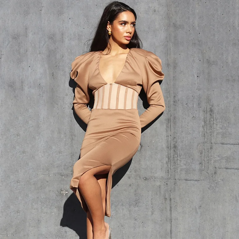 

Hollow stitching dress celebrity style explosive sexy perspective split V-neck long-sleeved temperament dress 457