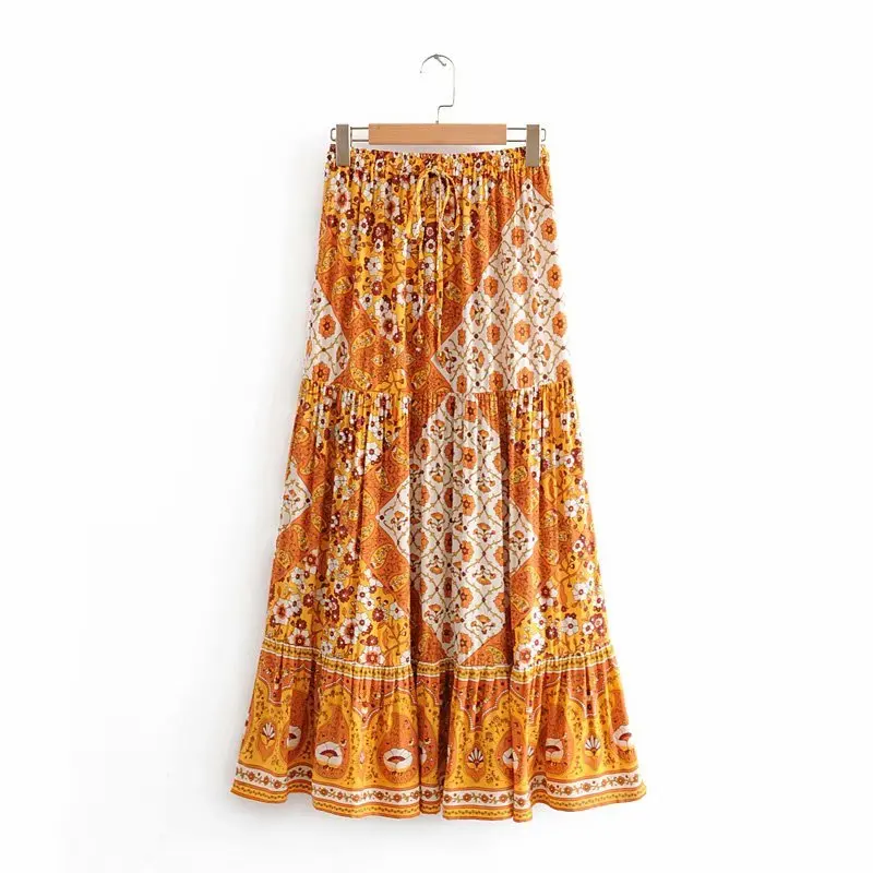 Женская длинная юбка в богемном стиле с цветочным принтом и складками faldas mujer