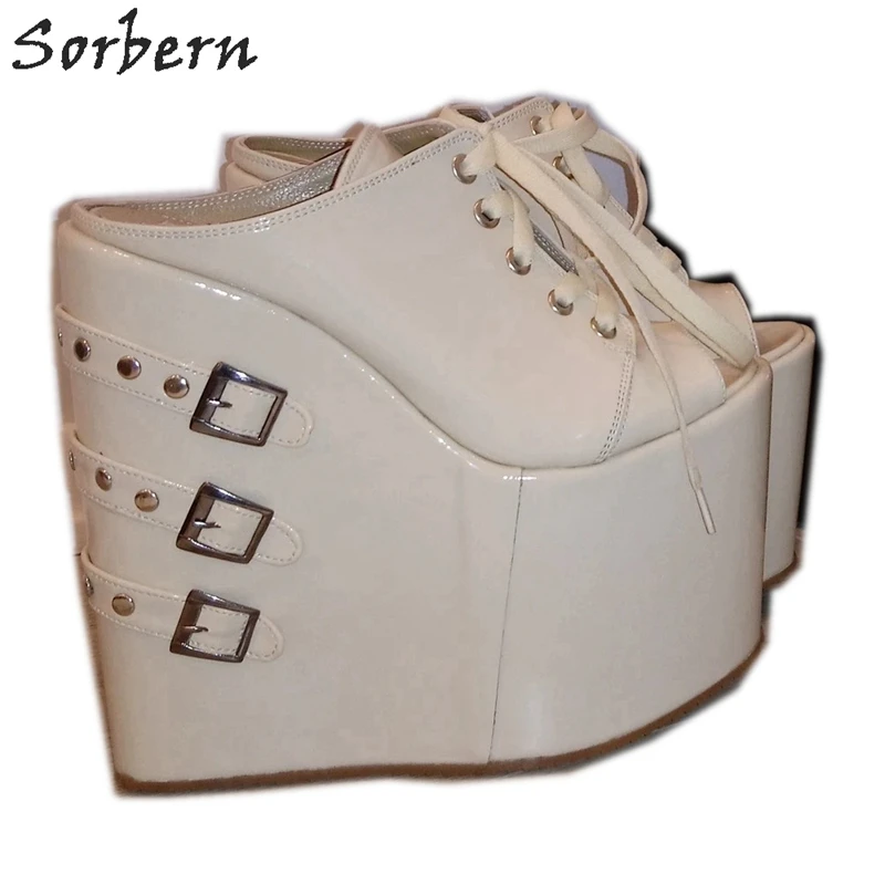 Sorbern/белые туфли танкетки без задника унисекс на платформе с пряжкой и ремешками