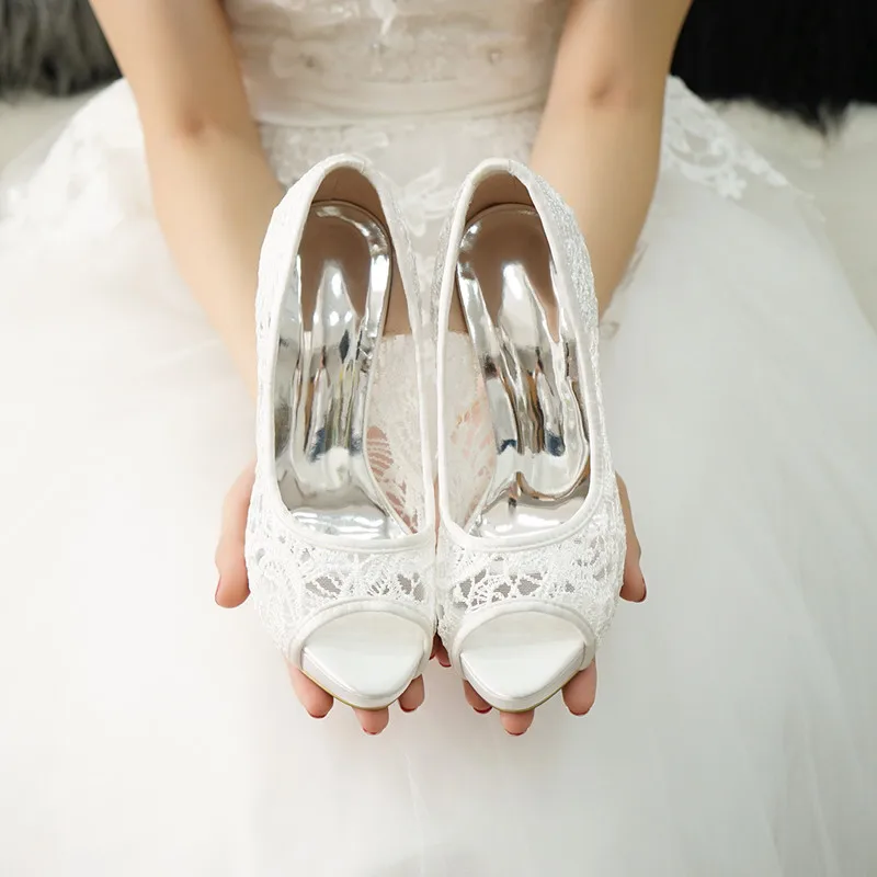 2021 New White Lace Wedding Shoes Water Table Fish Mouth High Heels Wedding Dress Shoes Large Size Women's Single Shoes 42 43