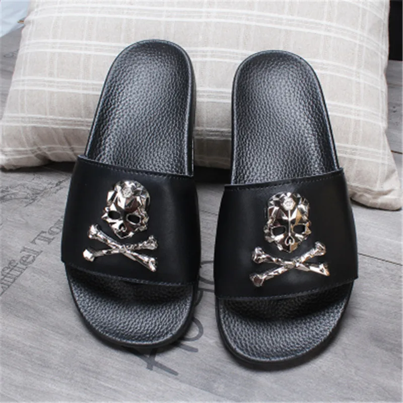 

Womens Summer Couple Slippers Indoor Home Shoes Ladies/Men's Beach Flip Flops Fashion Black Skull Slides Female Sandals Big EU45