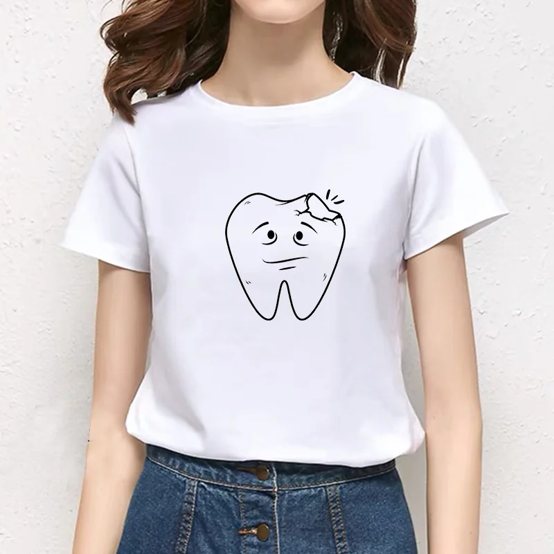 Женская футболка с коротким рукавом круглым вырезом и принтом зубов - купить по