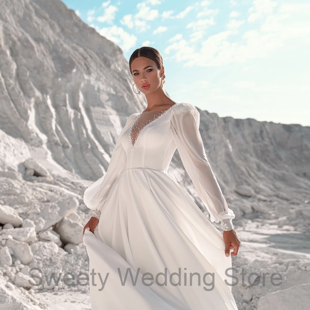 

White Puff Sleeves Chiffon Wedding Dresses Boho Custom V Neck Beading A Line Court Train Vestido De Noiva Wedding Dress