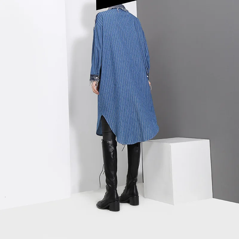 [EAM] женское джинсовое платье в синюю полоску большого размера новое свободное с