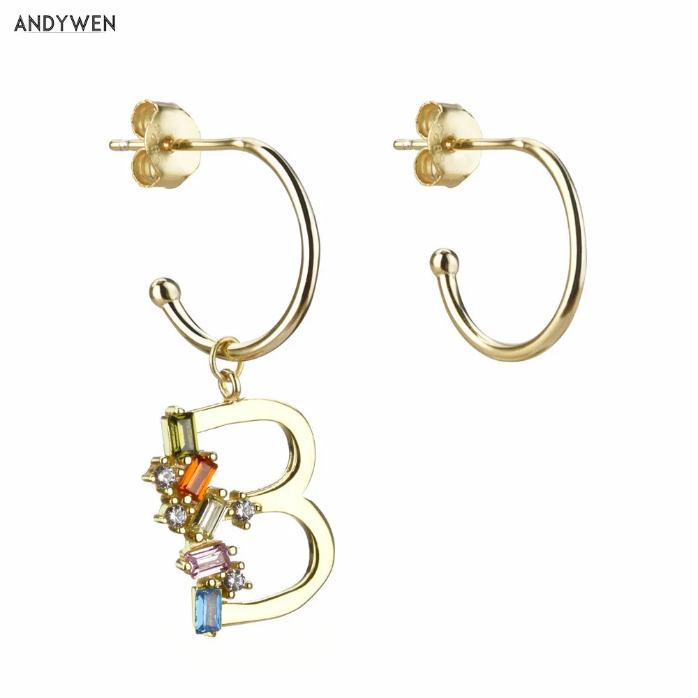 

Серьги-подвески ANDYWEN из стерлингового серебра 925 пробы с подвеской инициалом, разноцветные женские серьги с алфавитом 2021 с кристаллами и фиа...