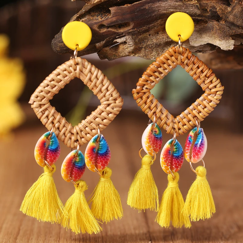 Rattan Tassel Earring Tie-dyed Shell Hohemian Handmade Casual Holiday Weave Wooden Geometric Unique Trendy Earrings for Women | Украшения и