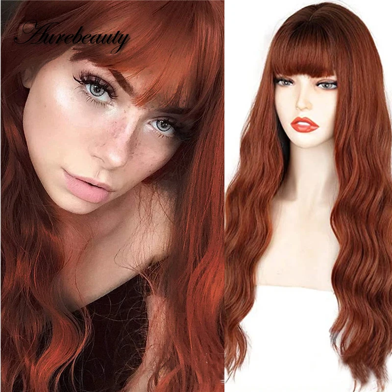 

Имбирный темно-оранжевый свободный синтетический полноразмерный парик с глубокой волной машинной работы с челкой цветные синтетические в...
