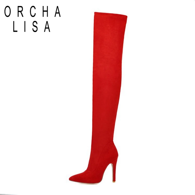 ORCHA LISA/Женская осенне-зимняя обувь узкие эластичные сапоги выше колена обувь на тонком высоком каблуке 11 см Большой размер 47 48