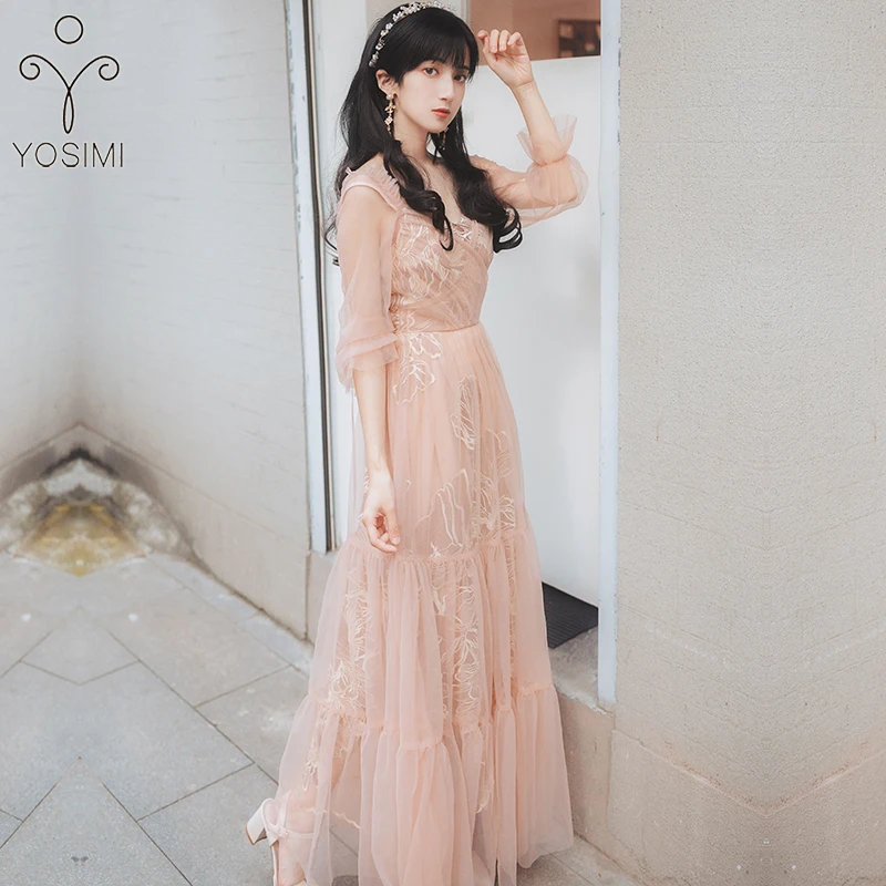 YOSIMI Maxi Chiffon Red Long Women Dress Bohemian V-neck Lantern Sleeve Full Sleeve Ankle-lenght Female Dress with Sashes