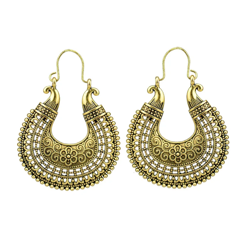 

Golden Earrings For Women Bohemian Antique Gold Color Flower Carved Metal Hollow Out Vintage Fashion Jewelry