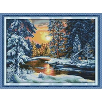 beautiful snow cross stitch kits forest sunset snow diy handmade fabric cloth cross embroidery sewing home decorative painting