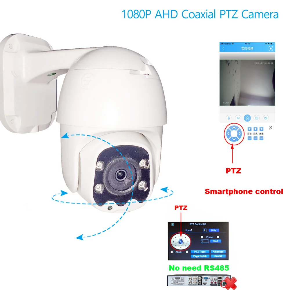 PTZ скоростная купольная AHD камера 1080P 2.0MP коаксиальный контроль нет необходимости RS485 с Pan355 градусов наклона 90 градусов ИК для камеры видеонаблюдения