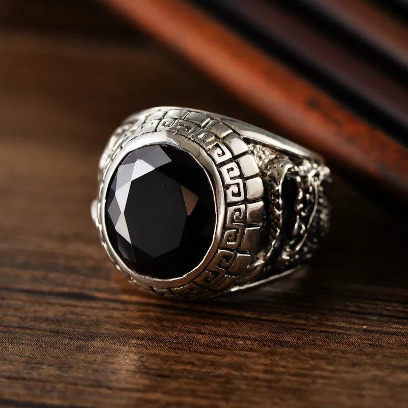 Кольцо мужское из серебра 925 пробы с Фениксом обсидиана |