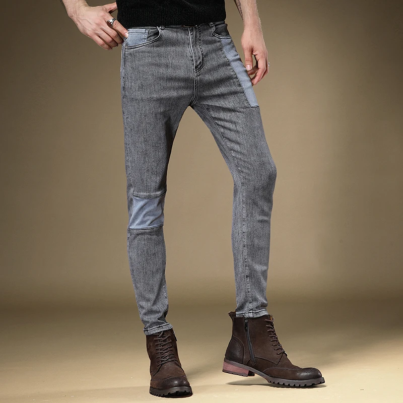 

Men Gray Patchwork Jeans Fashion Cotton Stretch Denim Slim Fit Pencil Pants