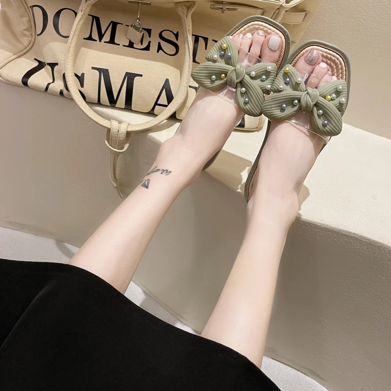 

Shoes For Girls Slippers Flat Slides Slipers Women Fashion Low Butterfly-Knot Lady 2021 Luxury Summer Soft PU Rome Fabric Rubber